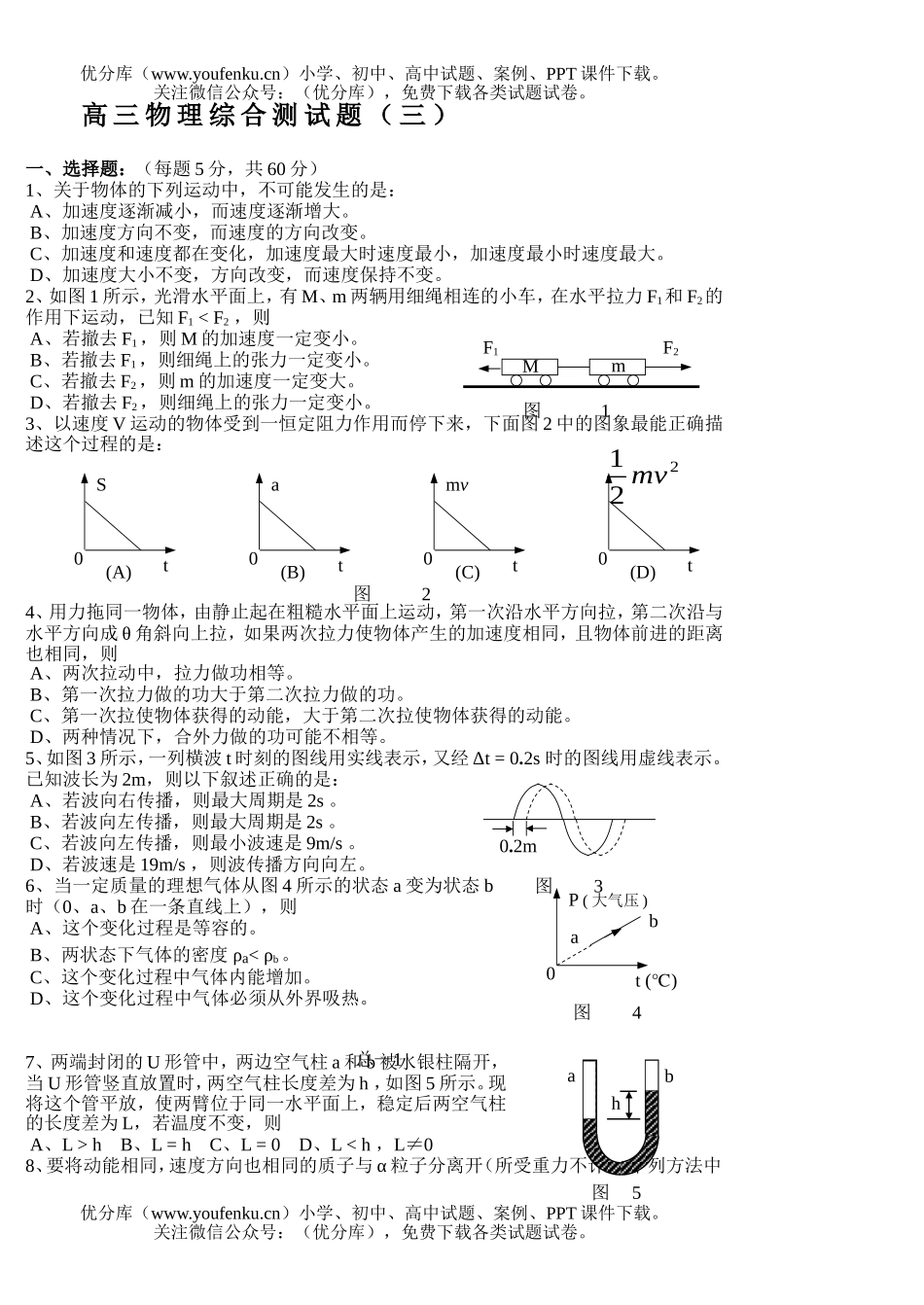 高中三年级物理综合测(三)试卷_第1页