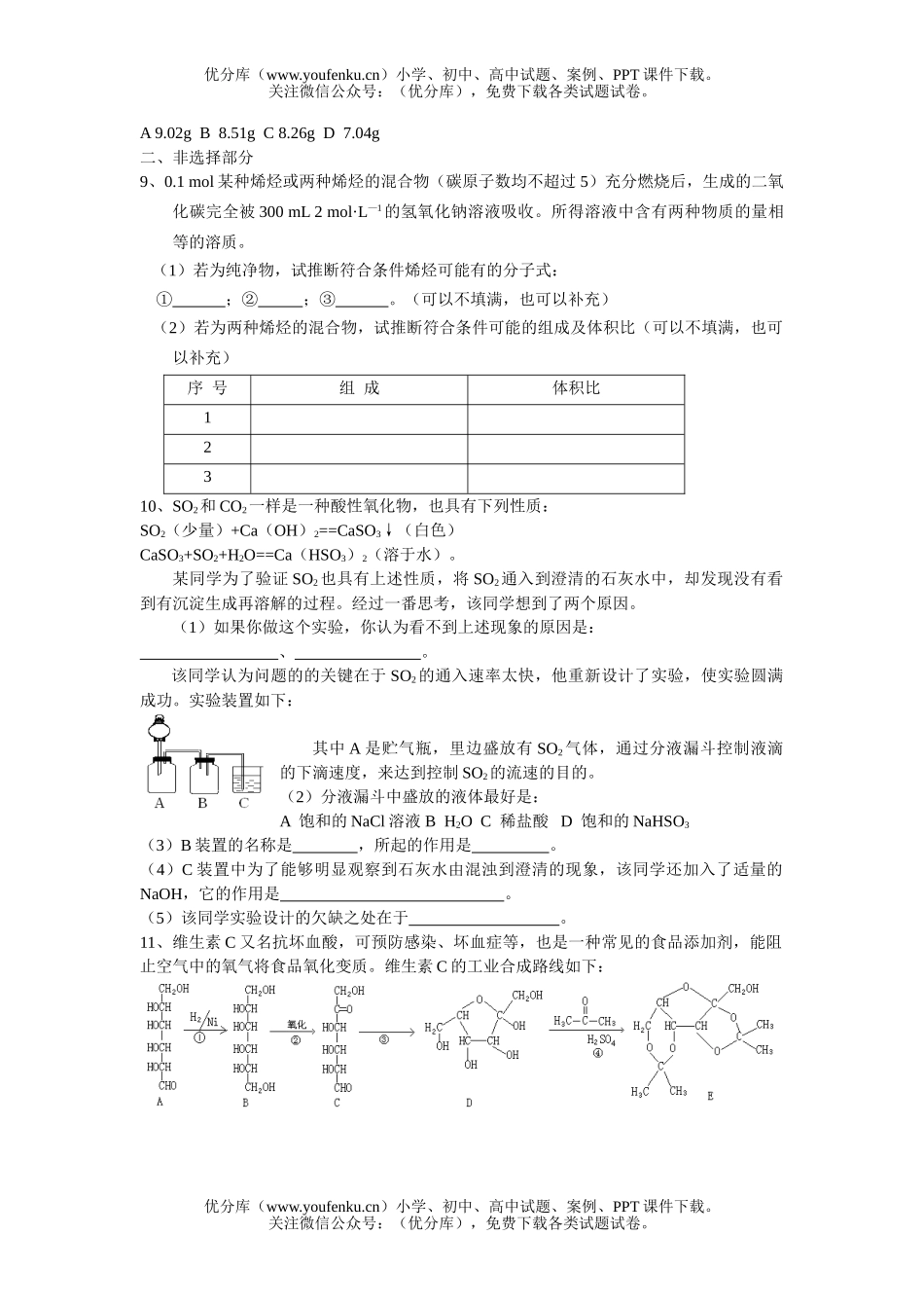 高中三年级化学理综测试部分试卷_第2页
