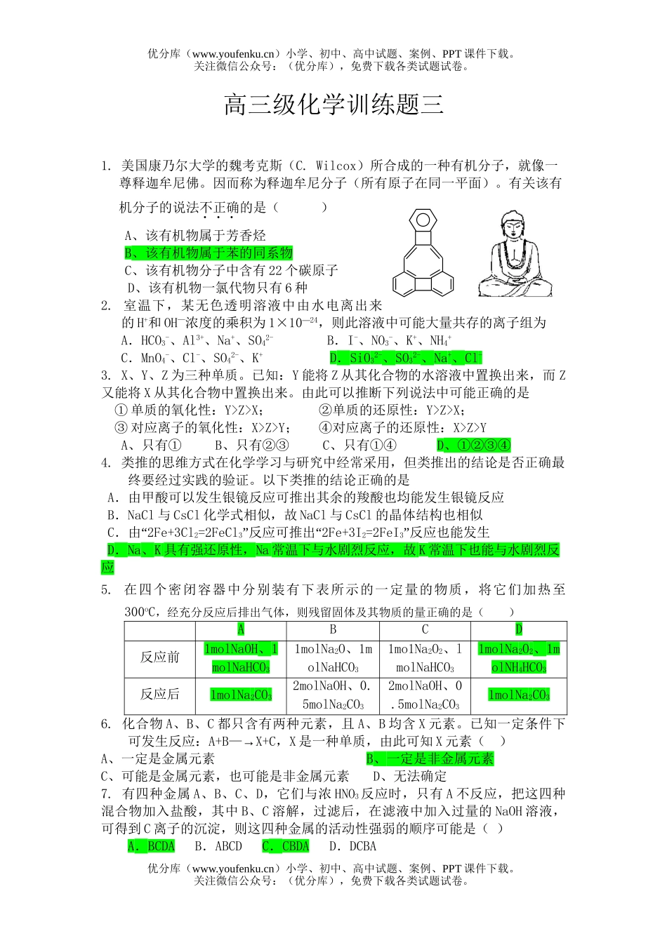 高中三年级化学级训练题三试卷_第1页