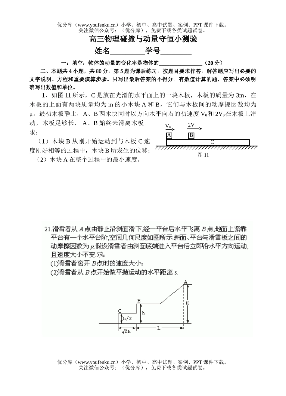 高中三年级物理碰撞与动量守恒小测验试卷_第1页