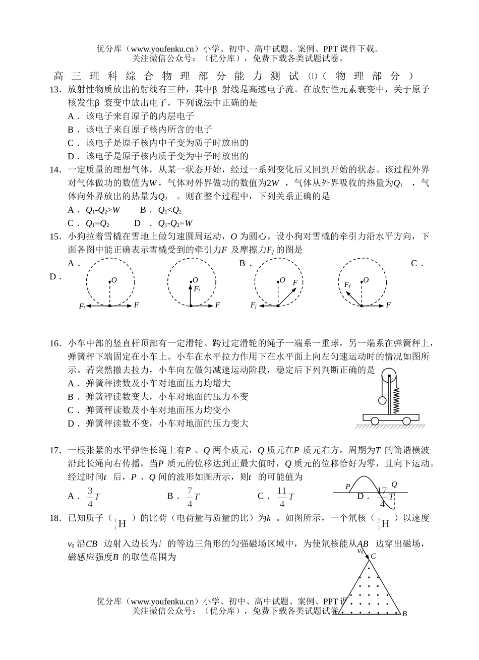 高中三年级物理理科综合部分能力测试1试卷_第1页