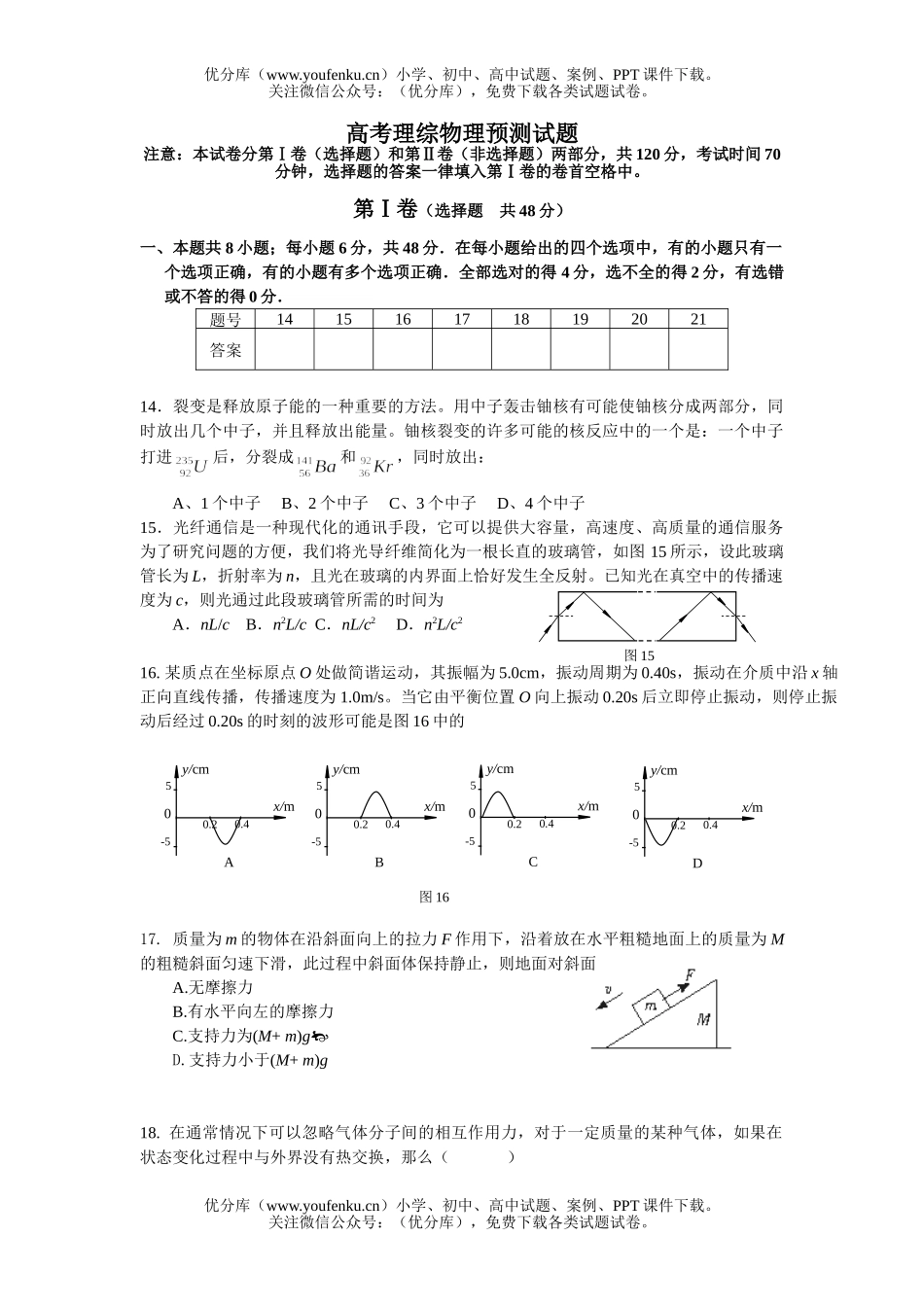 高中三年级物理高考理综预测试卷_第1页
