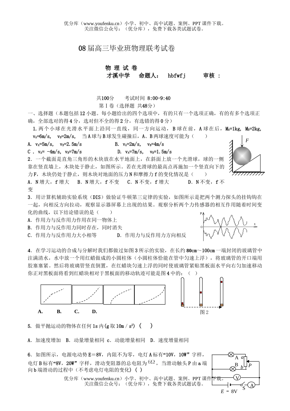 高中三年级物理08届毕业班联考试卷_第1页
