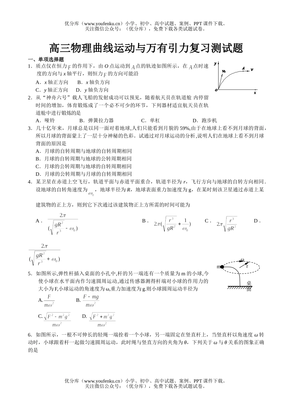 高中三年级物理曲线运动与万有引力复习测试卷_第1页