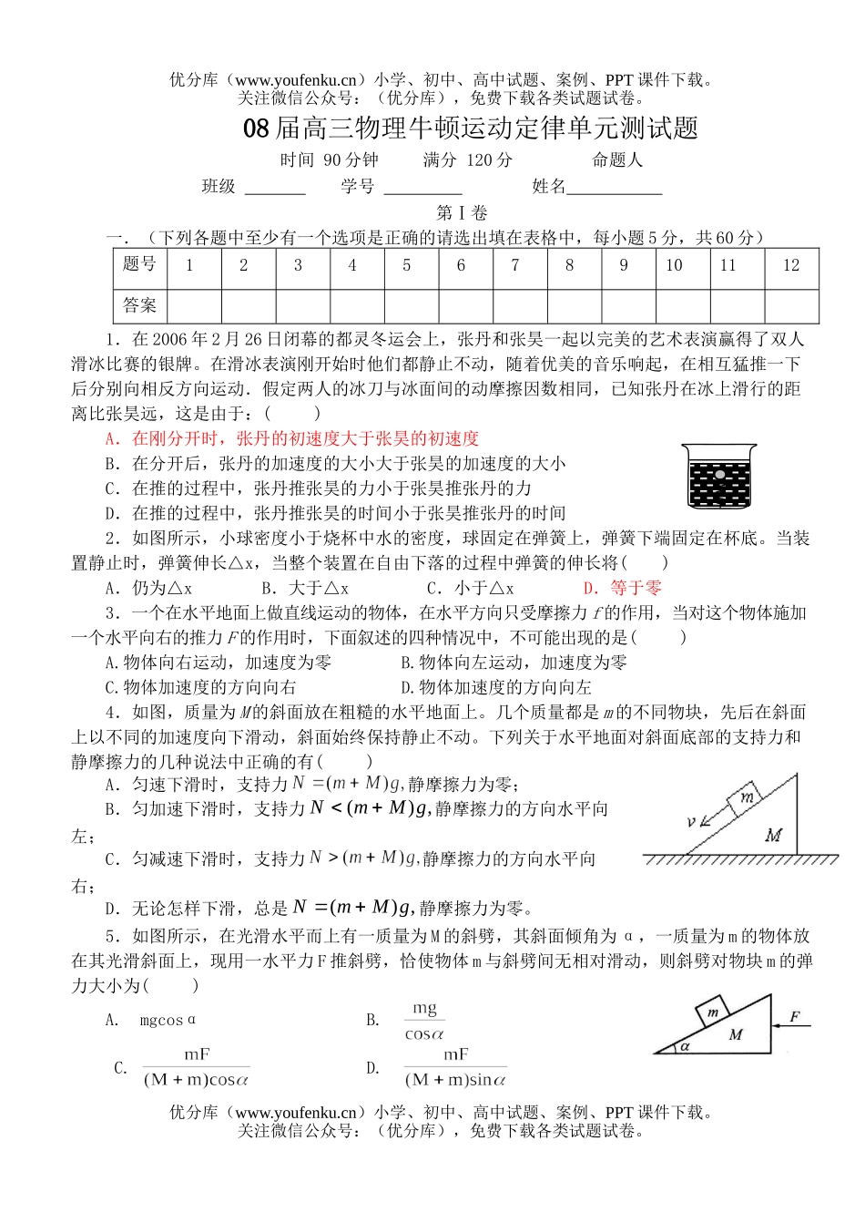 高中三年级物理08届牛顿运动定律单元测试卷_第1页