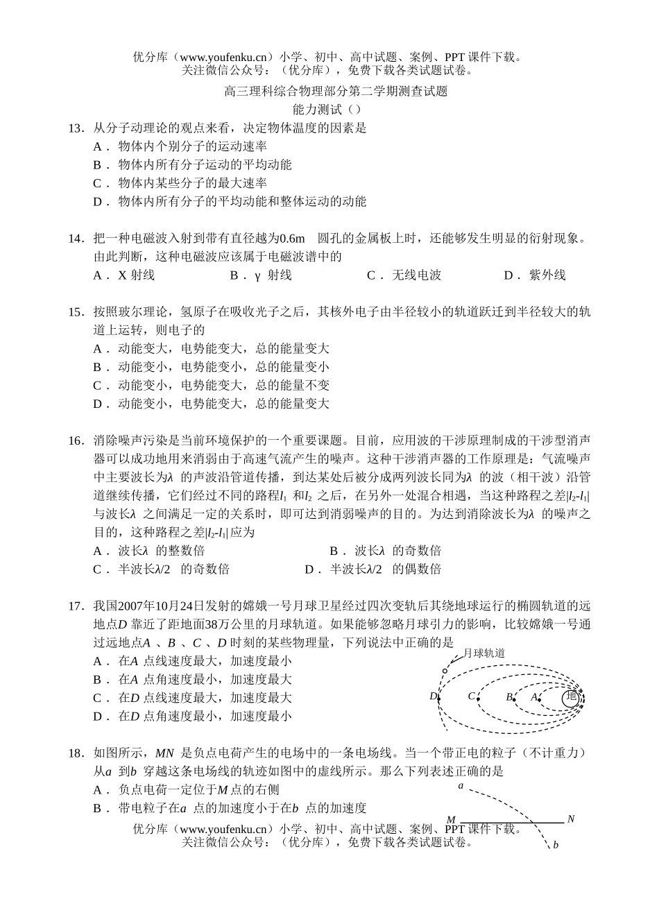 高中三年级物理理综部分第二学期测查试卷_第1页