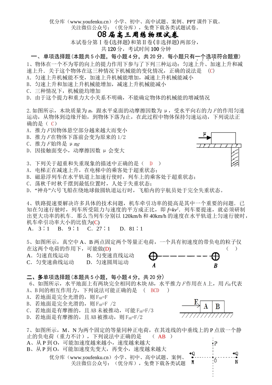 高中三年级物理08届周练试卷_第1页