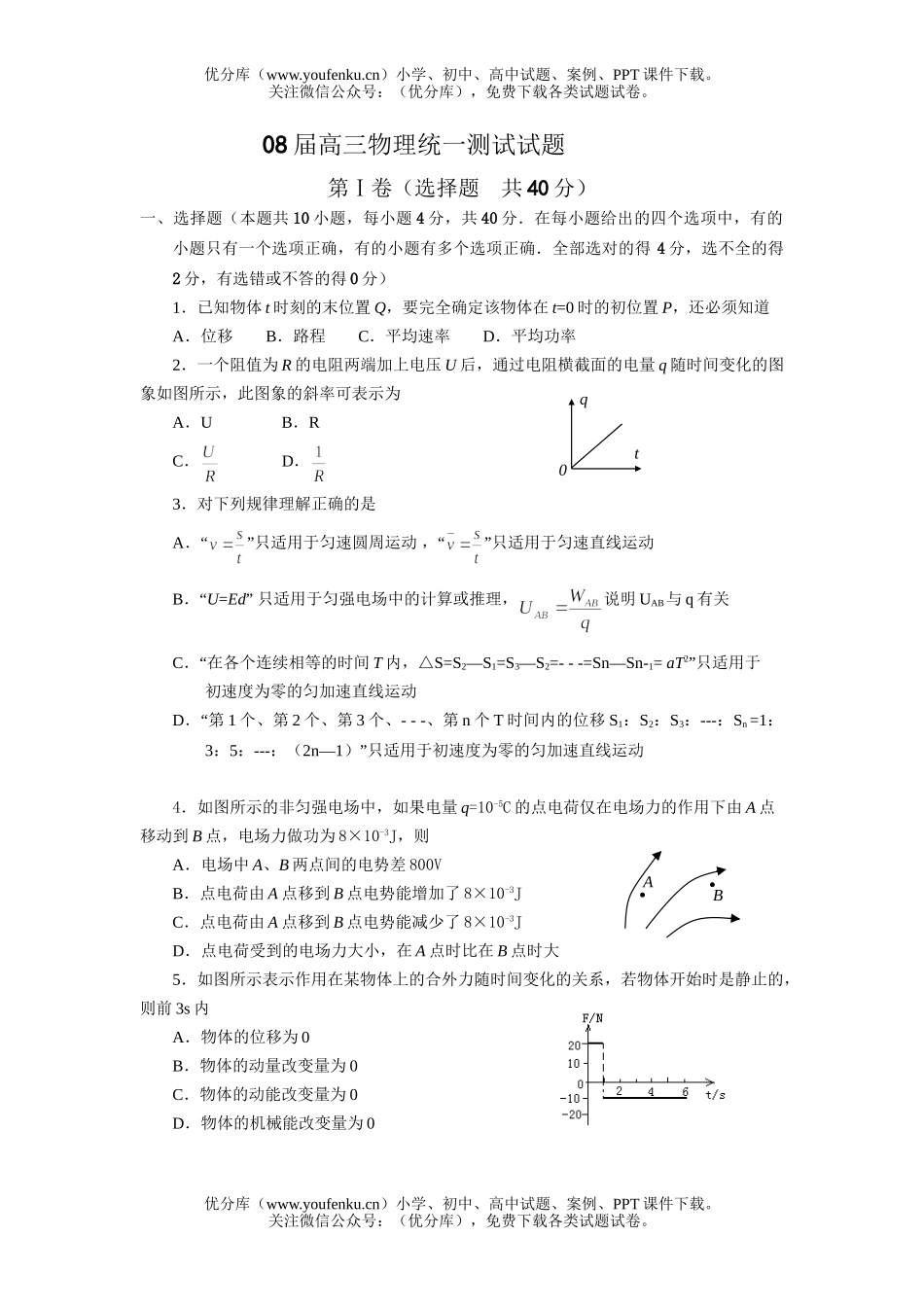 高中三年级物理08届统一测试卷_第1页