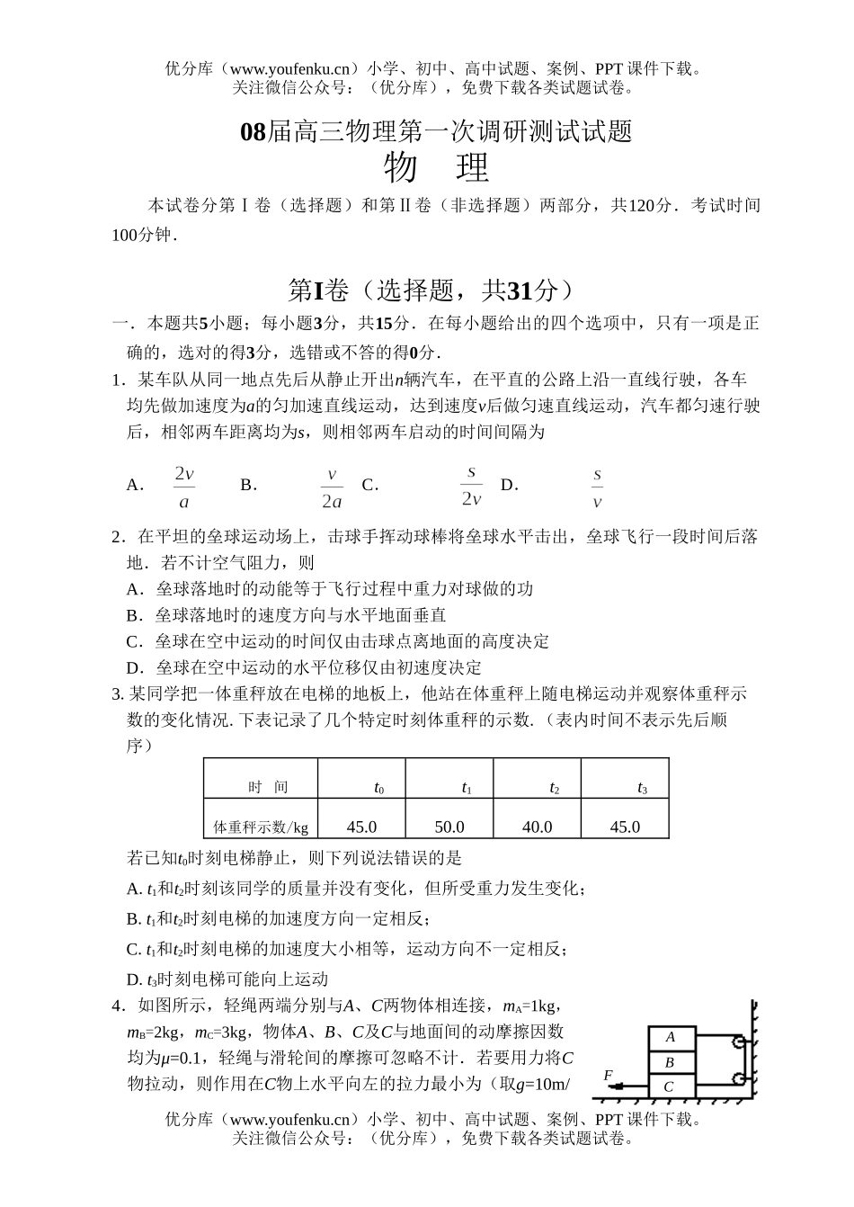 高中三年级物理08届第一次调研测试卷_第1页