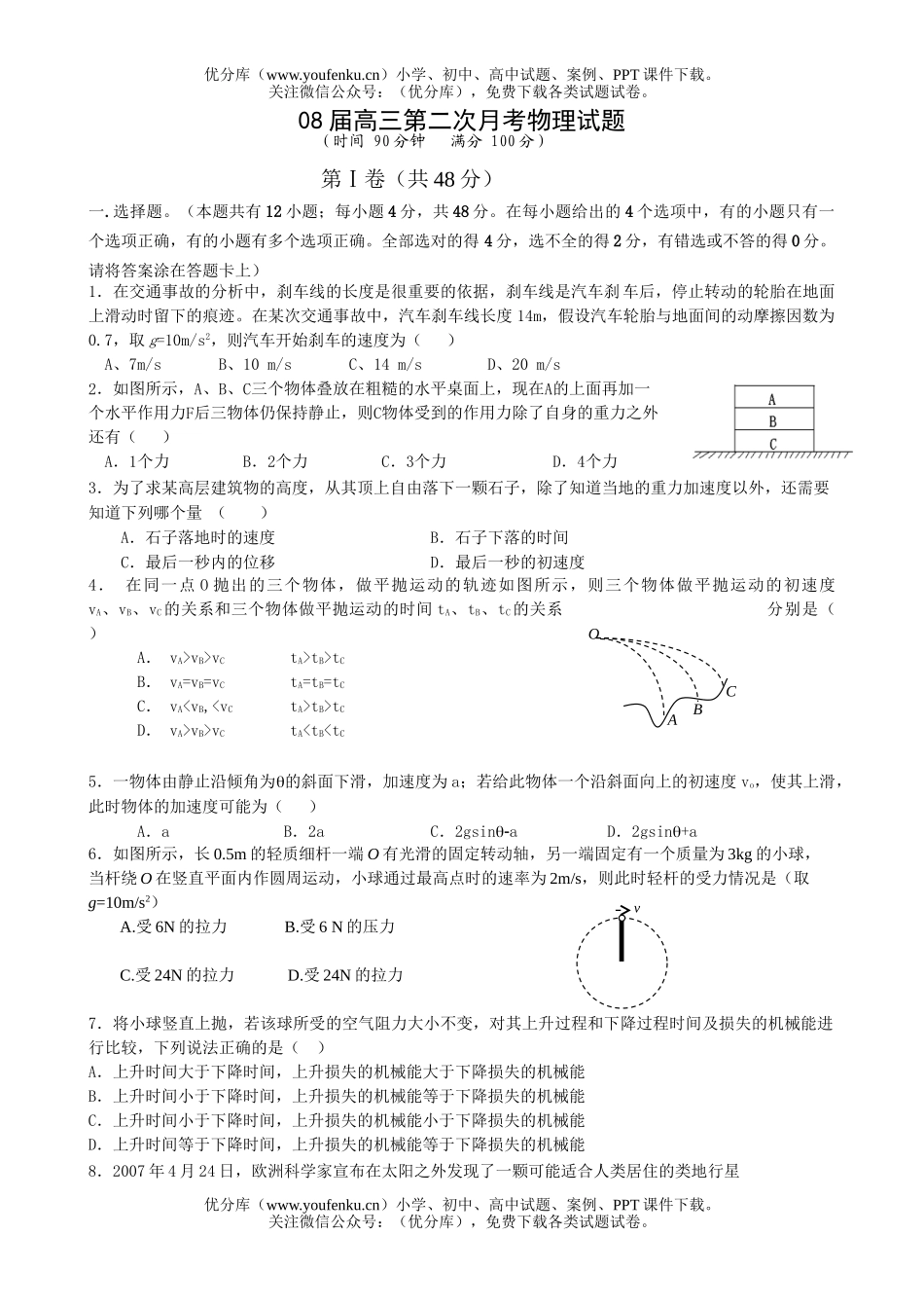 高中三年级物理08届第二次月考试卷_第1页
