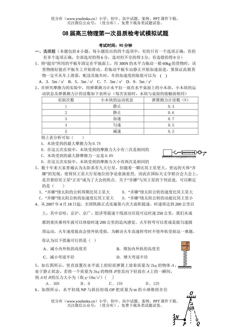 高中三年级物理08届第一次县质检考试卷_第1页