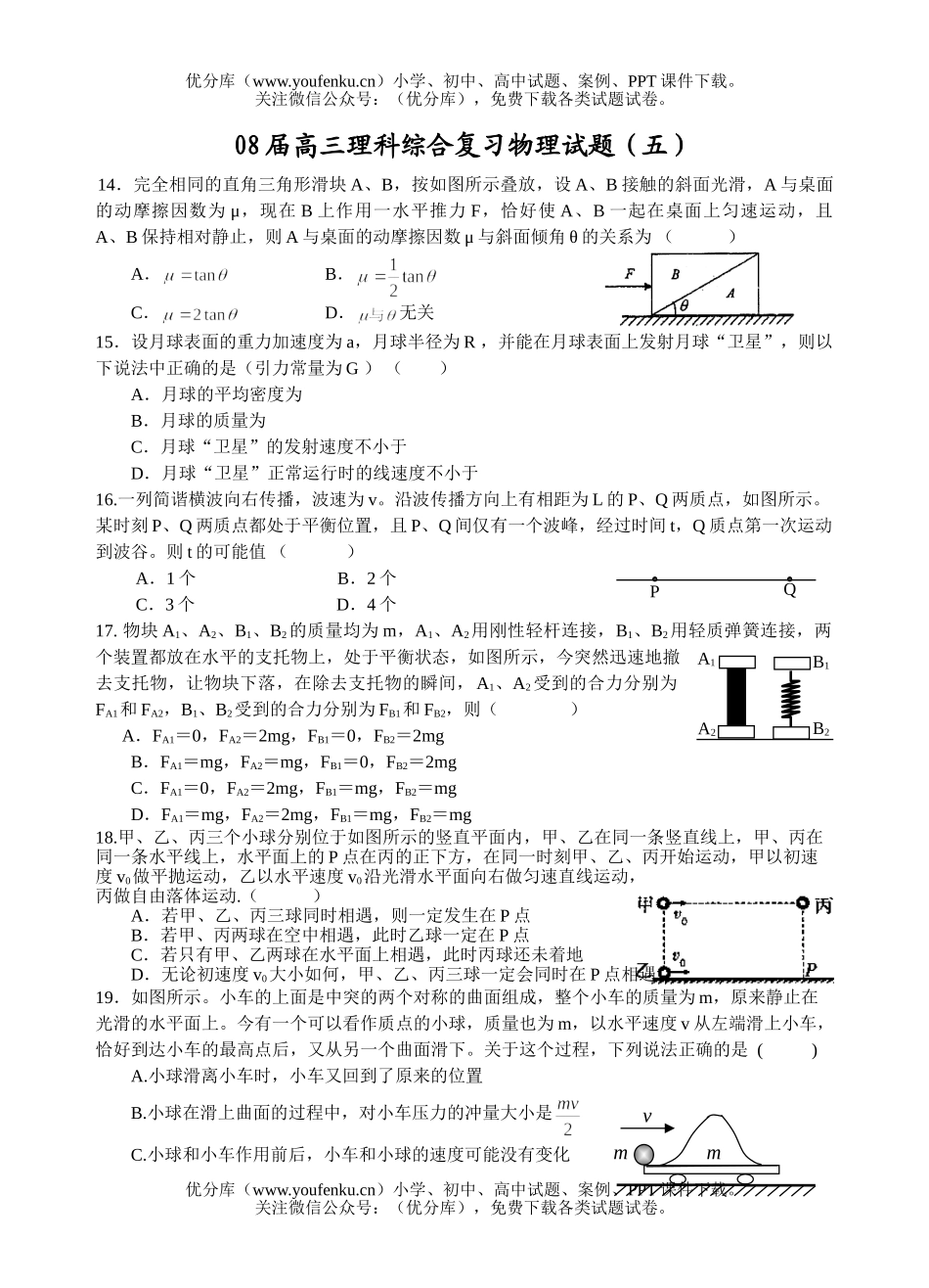 高中三年级物理08届理科综合复习五试卷_第1页