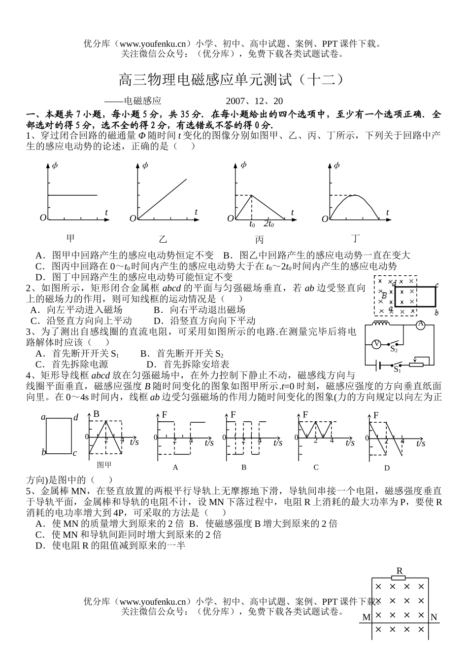 高中三年级物理电磁感应单元测试卷_第1页