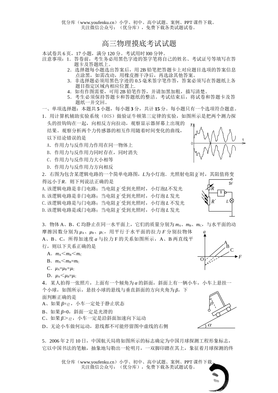 高中三年级物理摸底考试卷_第1页