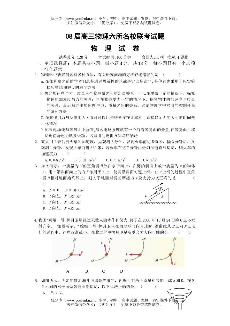 高中三年级物理08届六所名校联考试卷_第1页