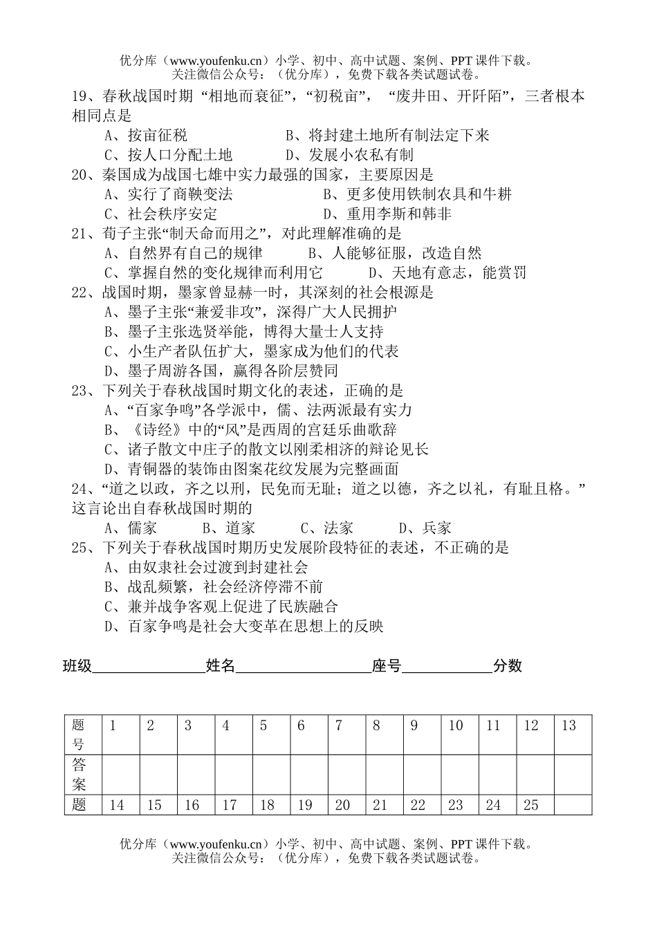 高中三年级历史中国古代史一单元检测试卷_第3页