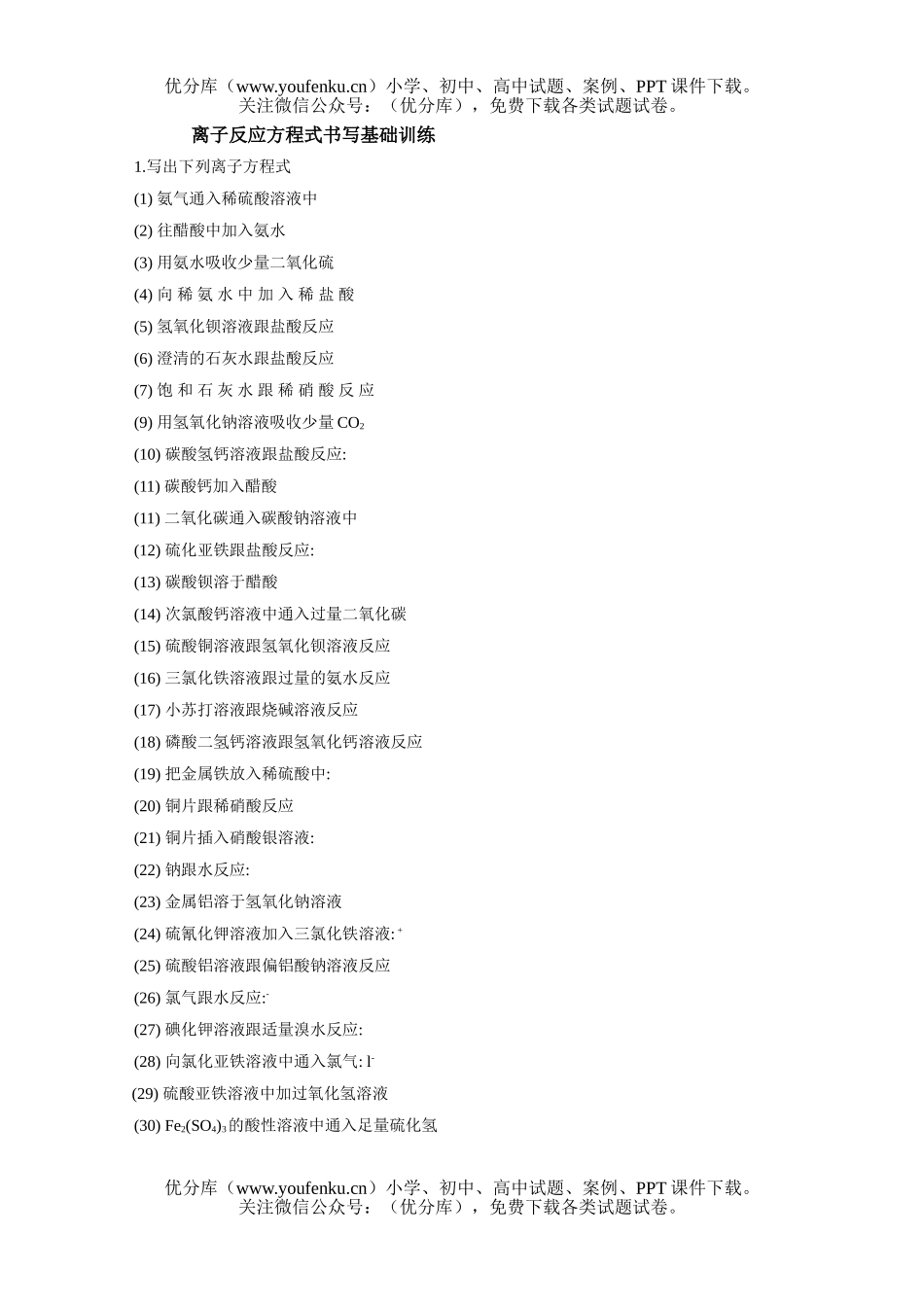 高中三年级化学离子反应方程式书写基础训练试卷_第1页