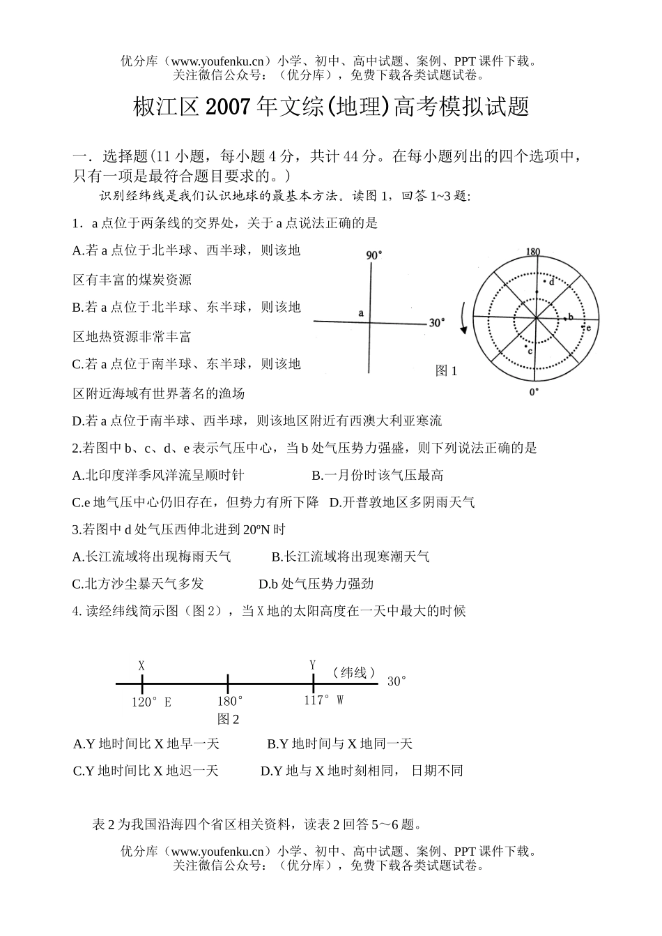 高中三年级地理浙江省2007椒江区高考模拟试卷_第1页