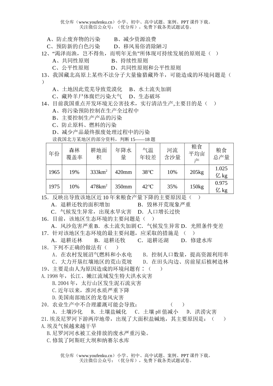 高中三年级地理人类面临的环境问题和可持续发展试卷_第2页