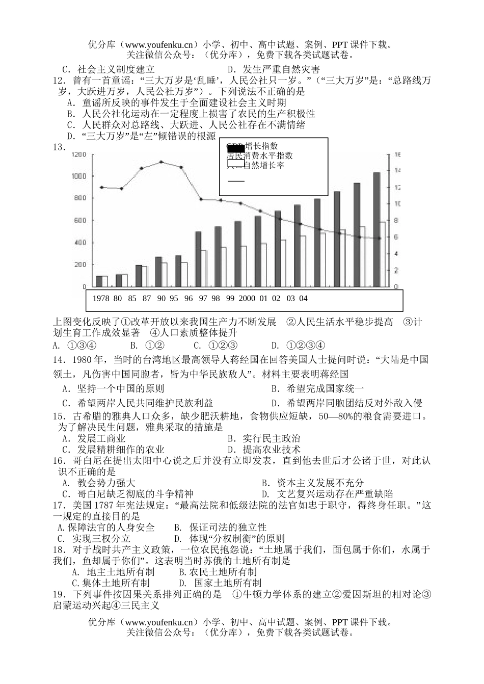 高中三年级历史08年普通高校招生模拟考试卷1试卷_第3页