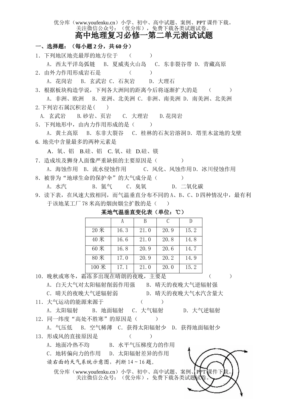 高中三年级地理复习必修一第二单元测试卷_第1页