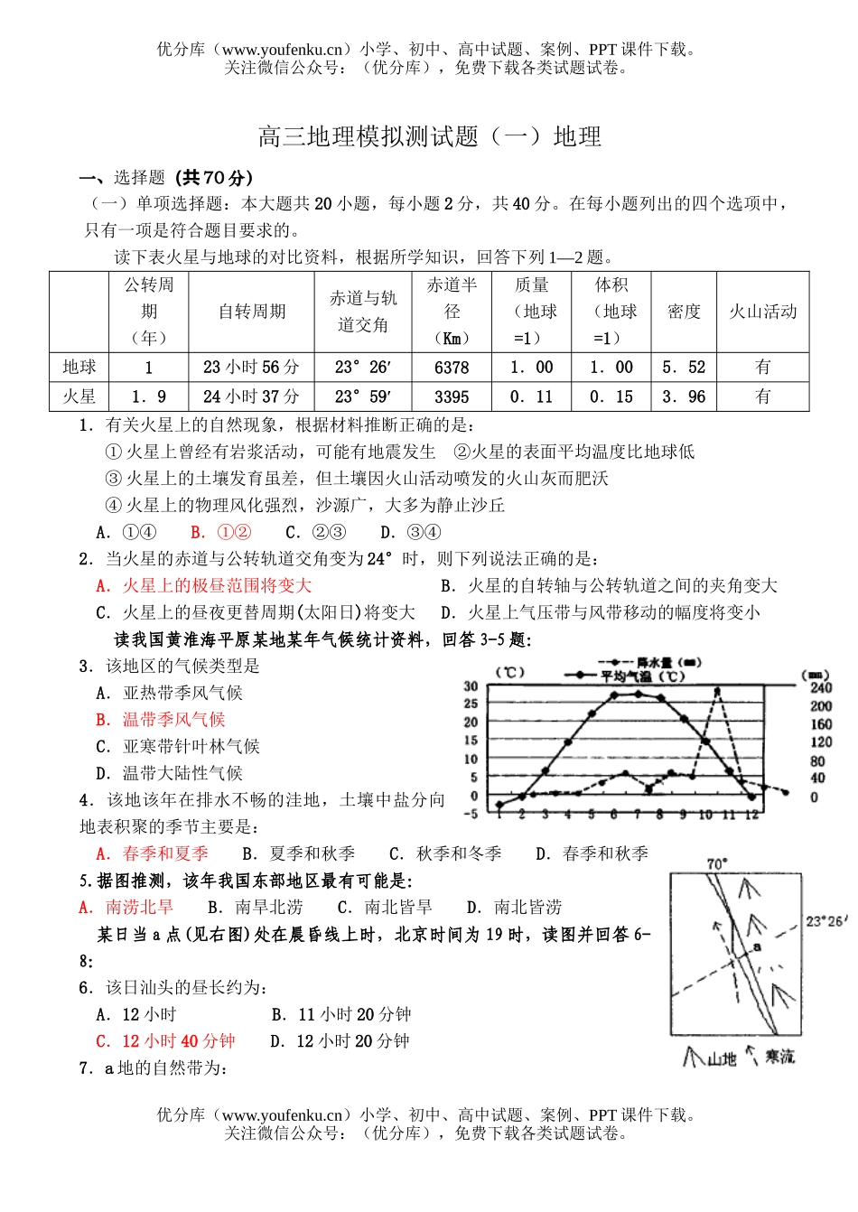 高中三年级地理模拟测1试卷_第1页