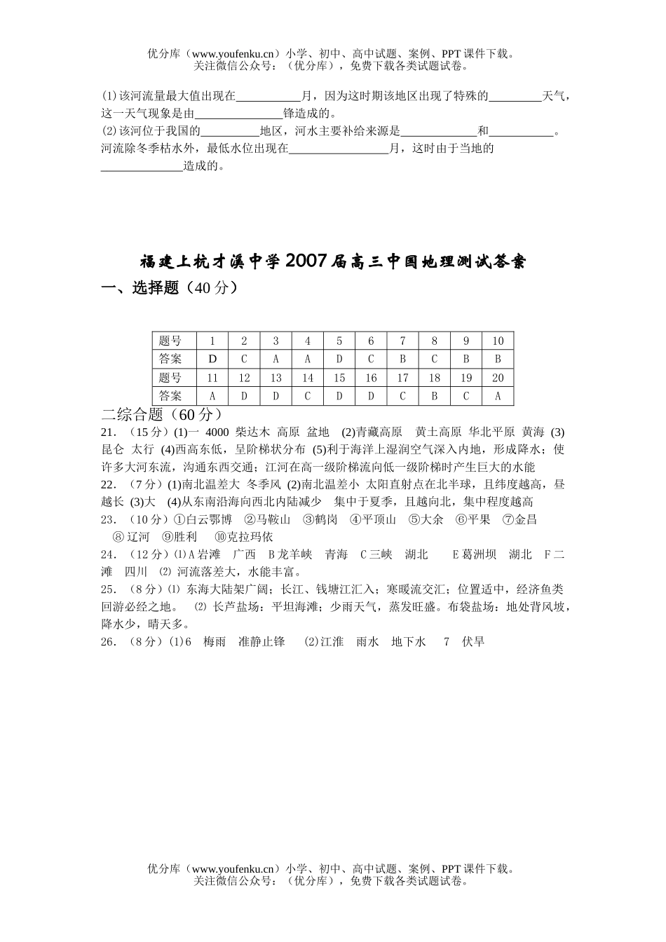 高中三年级地理2007届中国测试卷_第3页