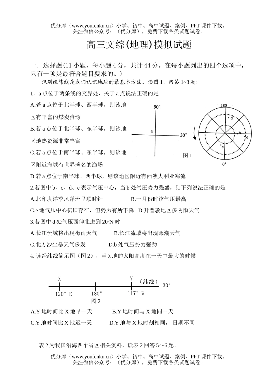 高中三年级地理文综模拟试卷_第1页