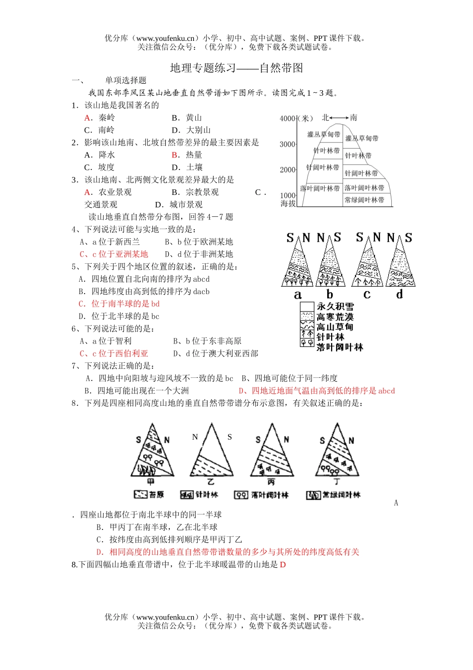 高中三年级地理自然带图专题训练题试卷_第1页