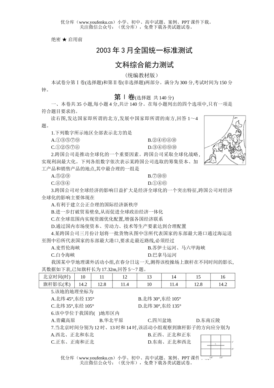 高中三年级政治全国统一标准测试文综统编(一)试卷_第1页