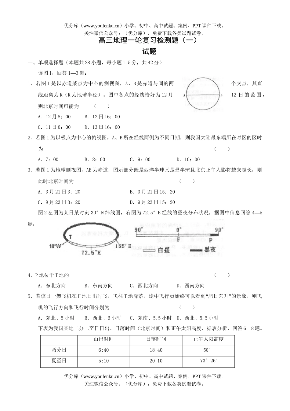 高中三年级地理一轮复习检测题试卷_第1页