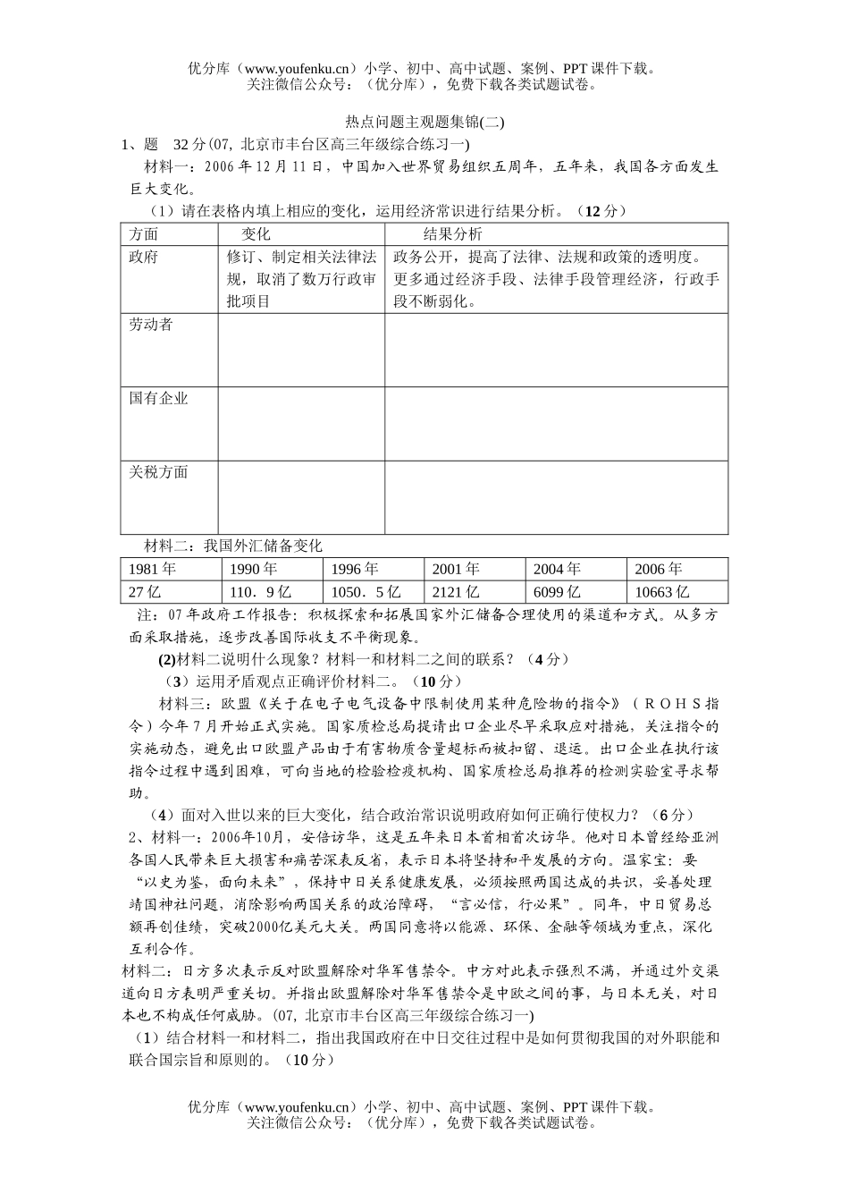 高中三年级政治热点问题主观题集锦2试卷_第1页