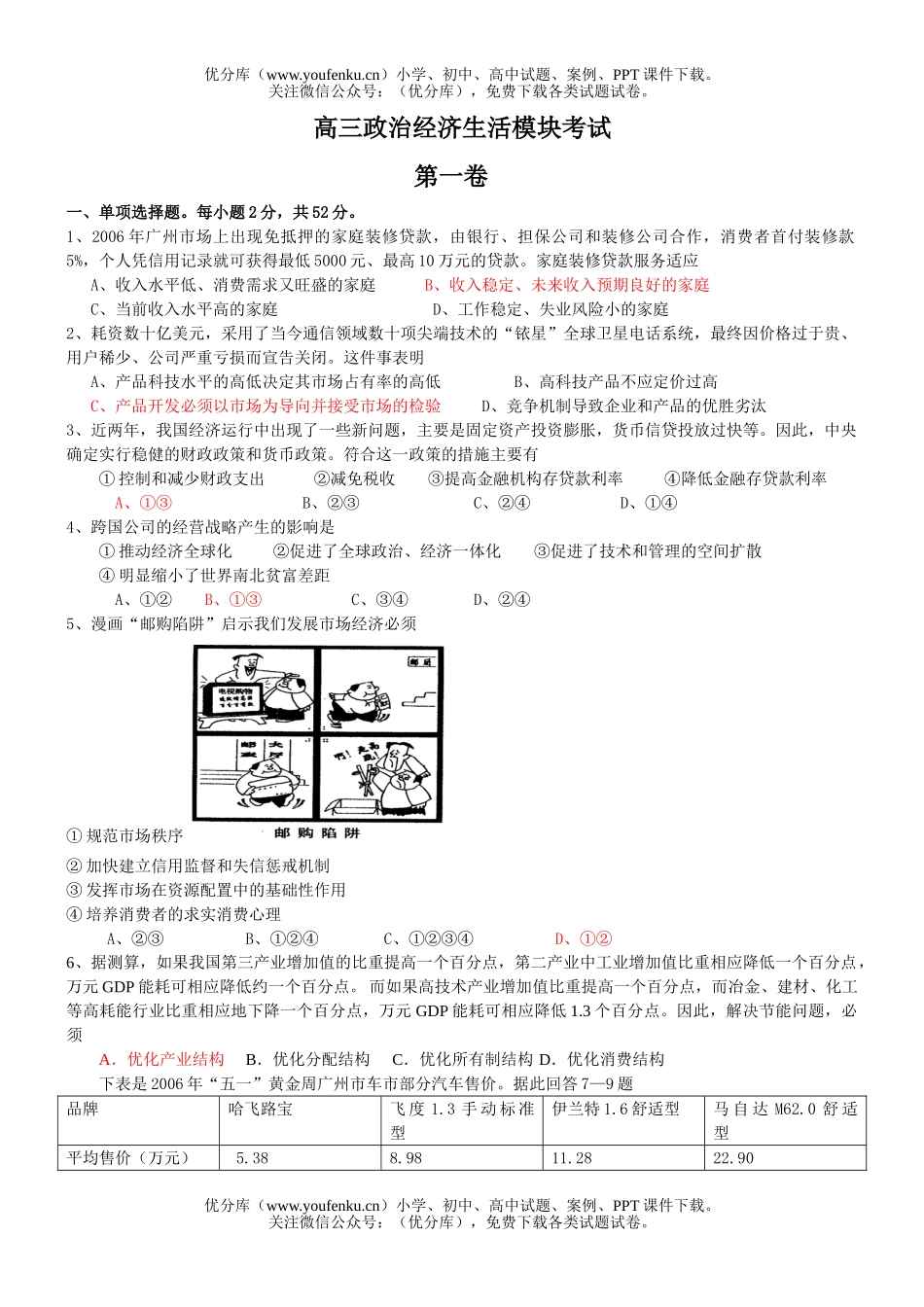 高中三年级政治经济生活模块考试卷_第1页