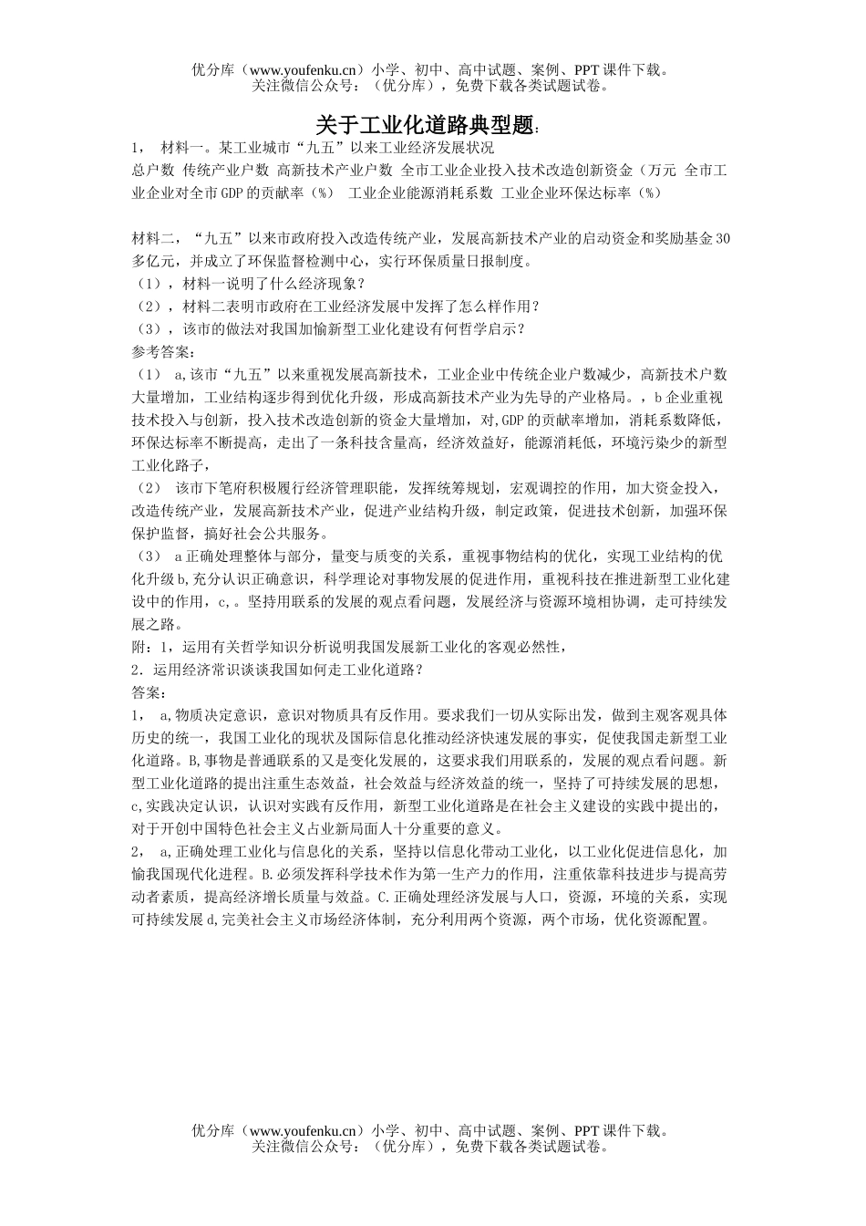 高中三年级政治关于工业化道路典型题试卷_第1页