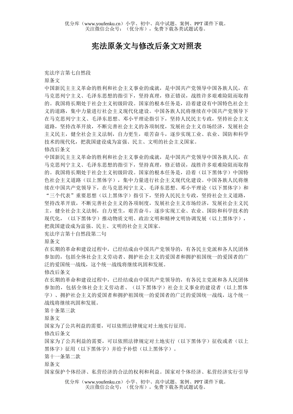 高中三年级政治宪法原条文与修改后条文对照表试卷_第1页
