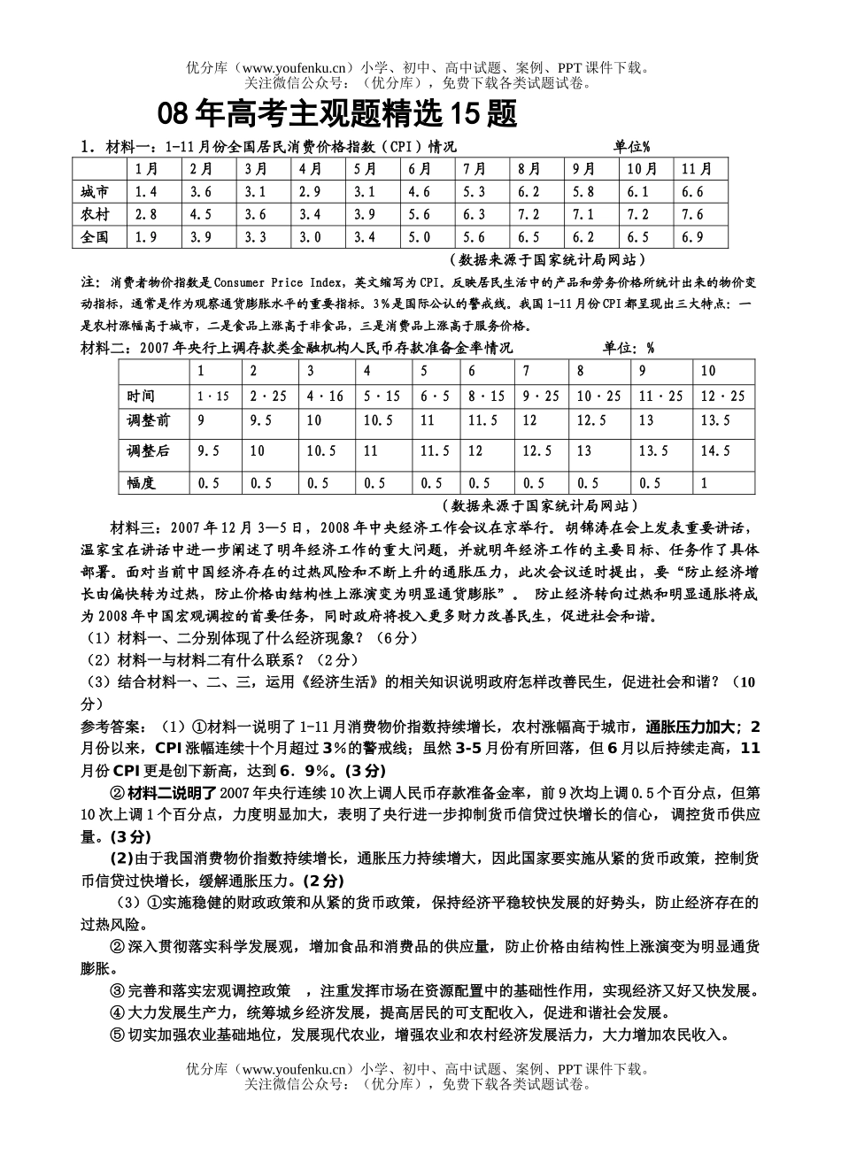 高中三年级政治08年高考主观题精选15题试卷_第1页