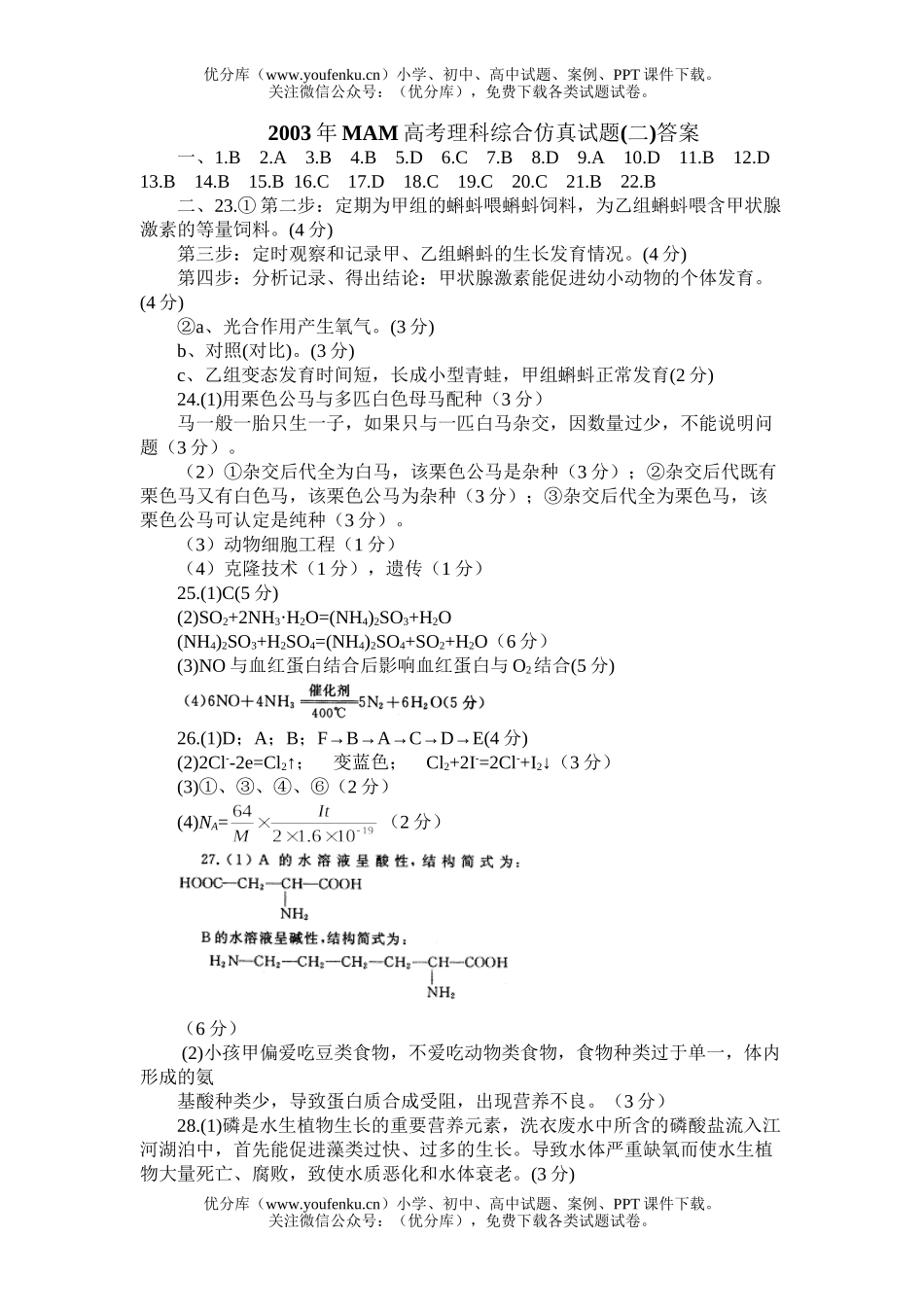 高中三年级生物MAM高考理综仿真(二)试卷_第1页