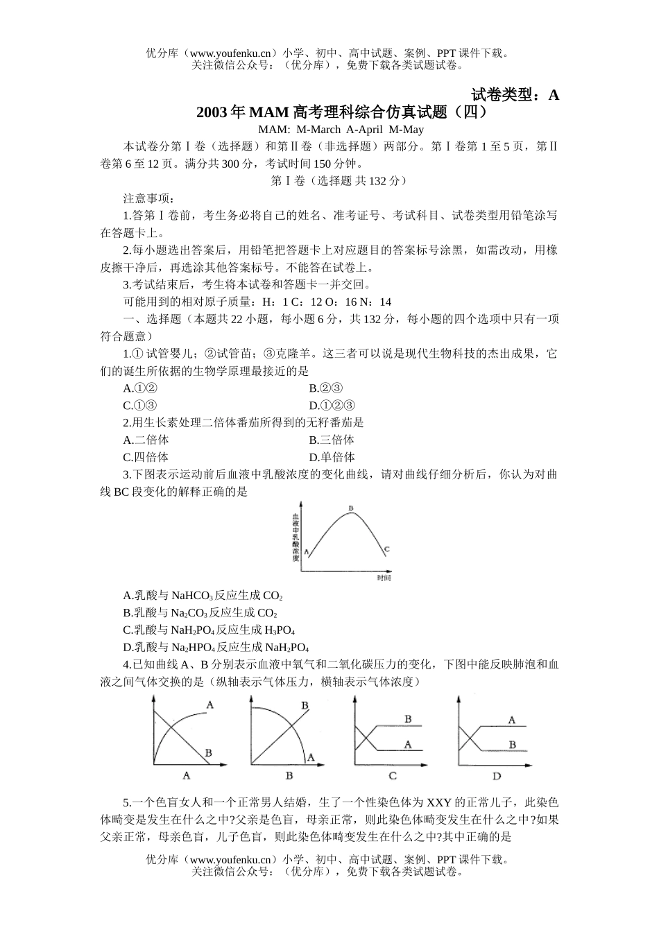 高中三年级生物MAM高考理综仿真(四)试卷_第1页