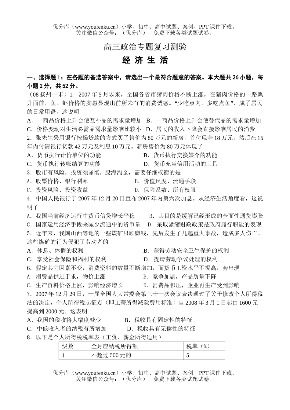 高中三年级政治专题复习测验试卷_第1页
