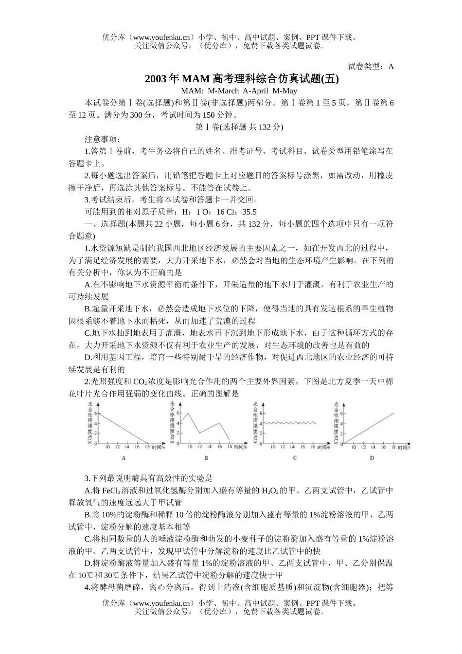 高中三年级生物MAM高考理科综合仿真(五)试卷_第1页