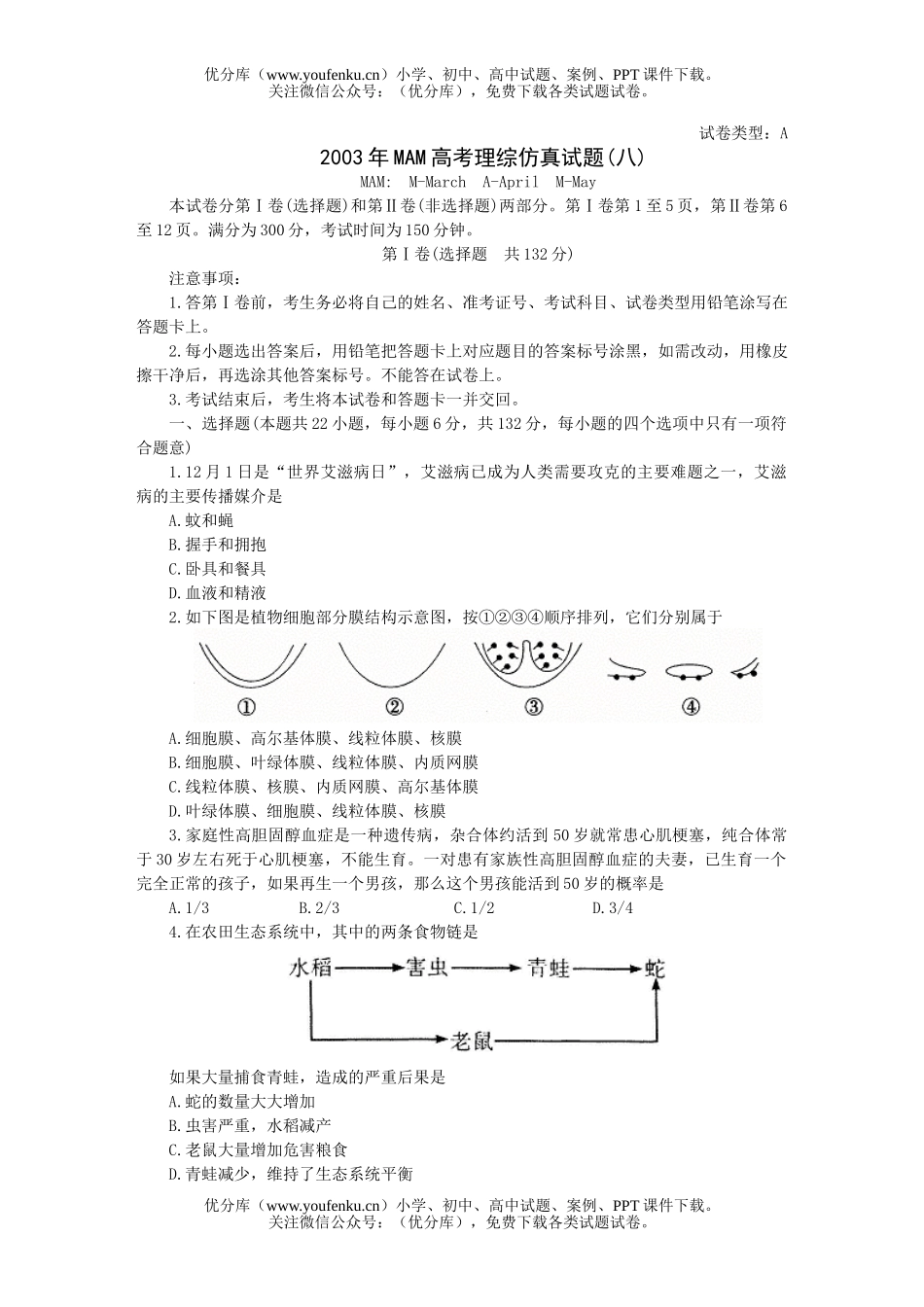 高中三年级生物MAM高考理综仿真(八)试卷_第1页