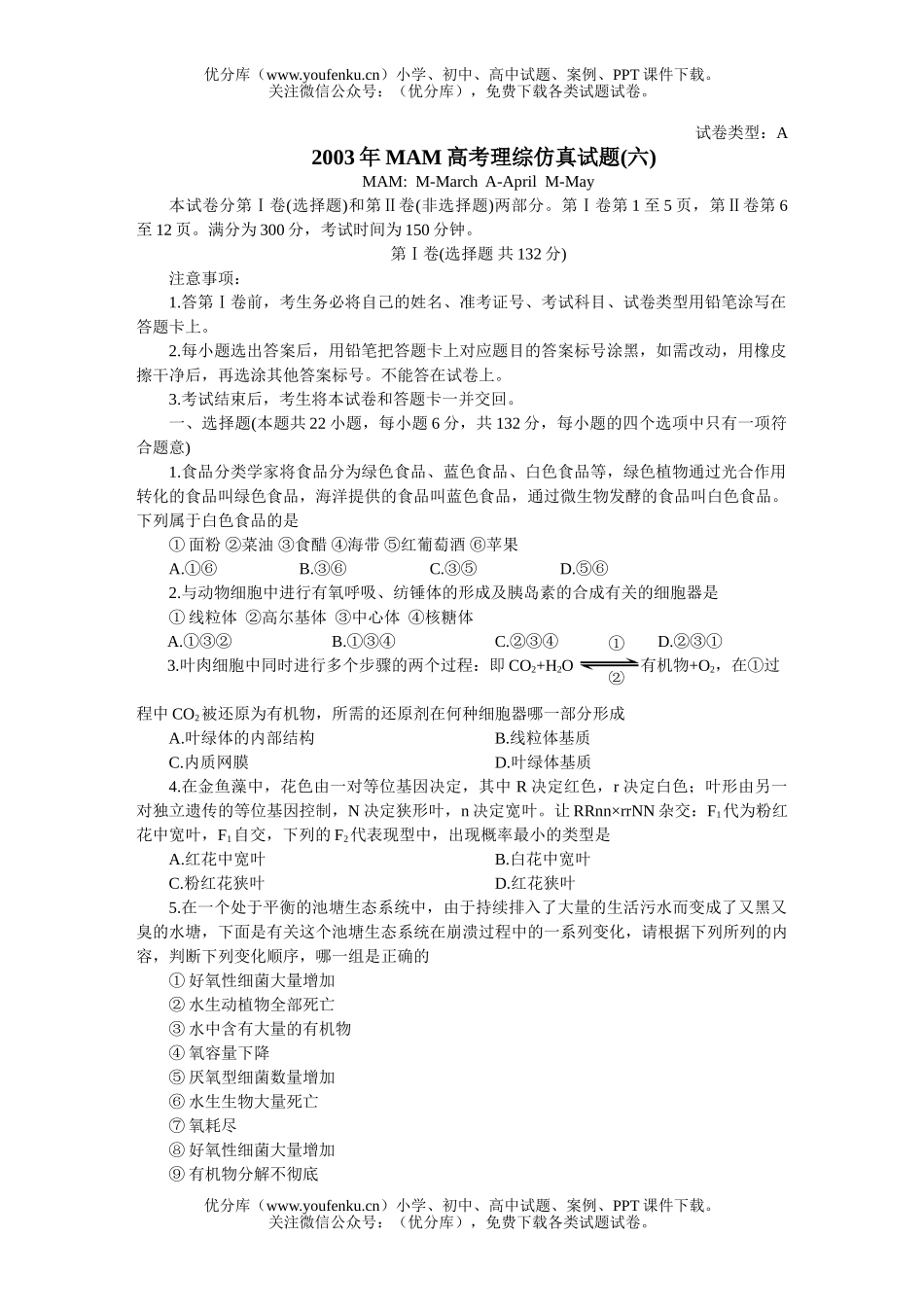 高中三年级生物MAM高考理综仿真(六)试卷_第1页