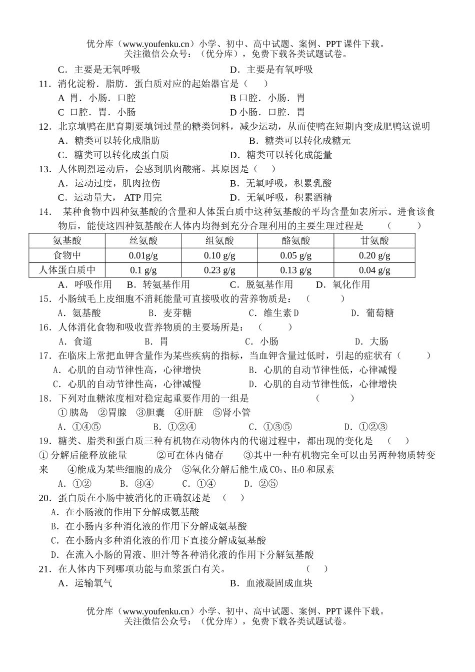 高中三年级生物练习一、人体生理试卷_第2页