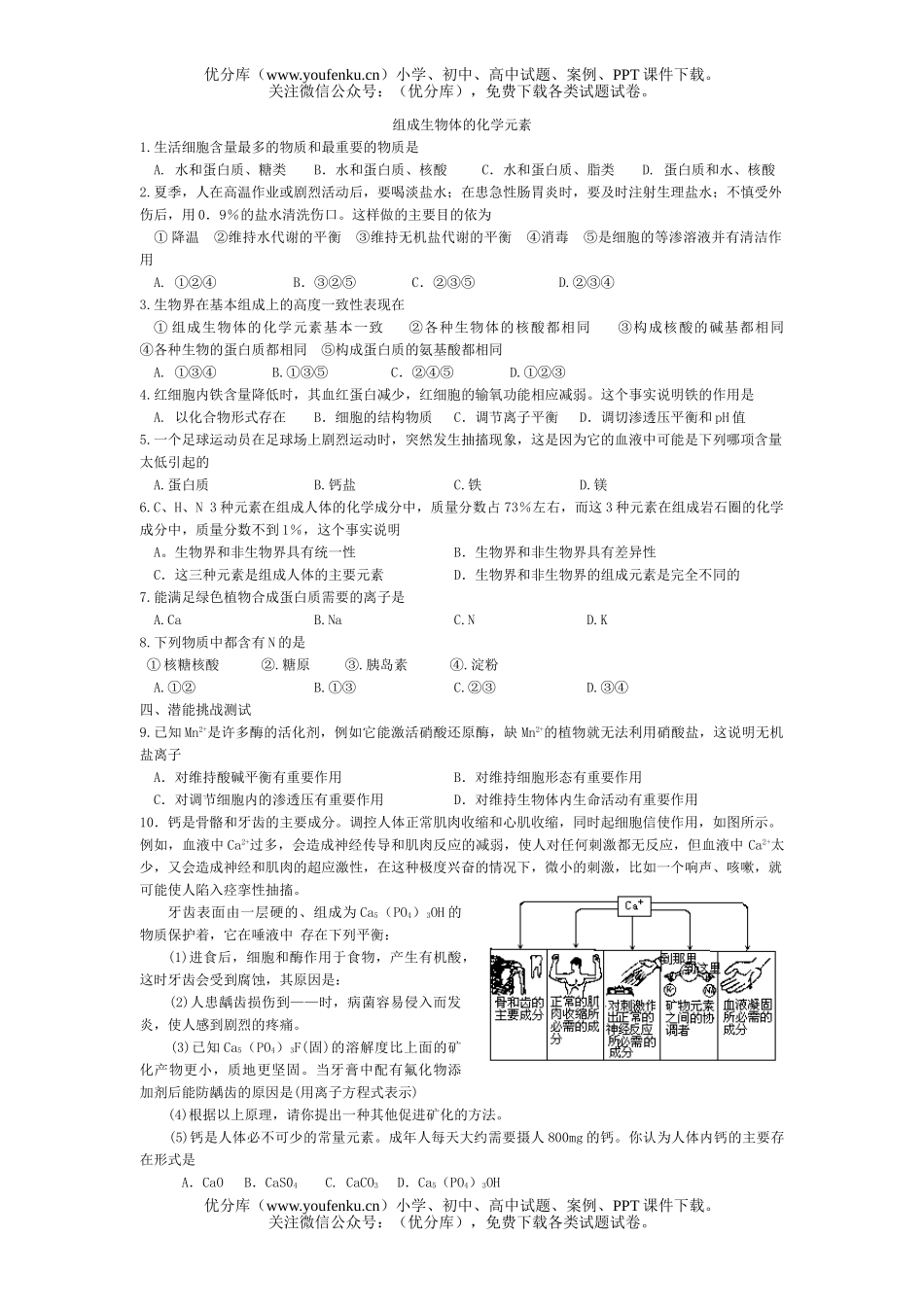 高中三年级生物组成体的元素试卷_第1页