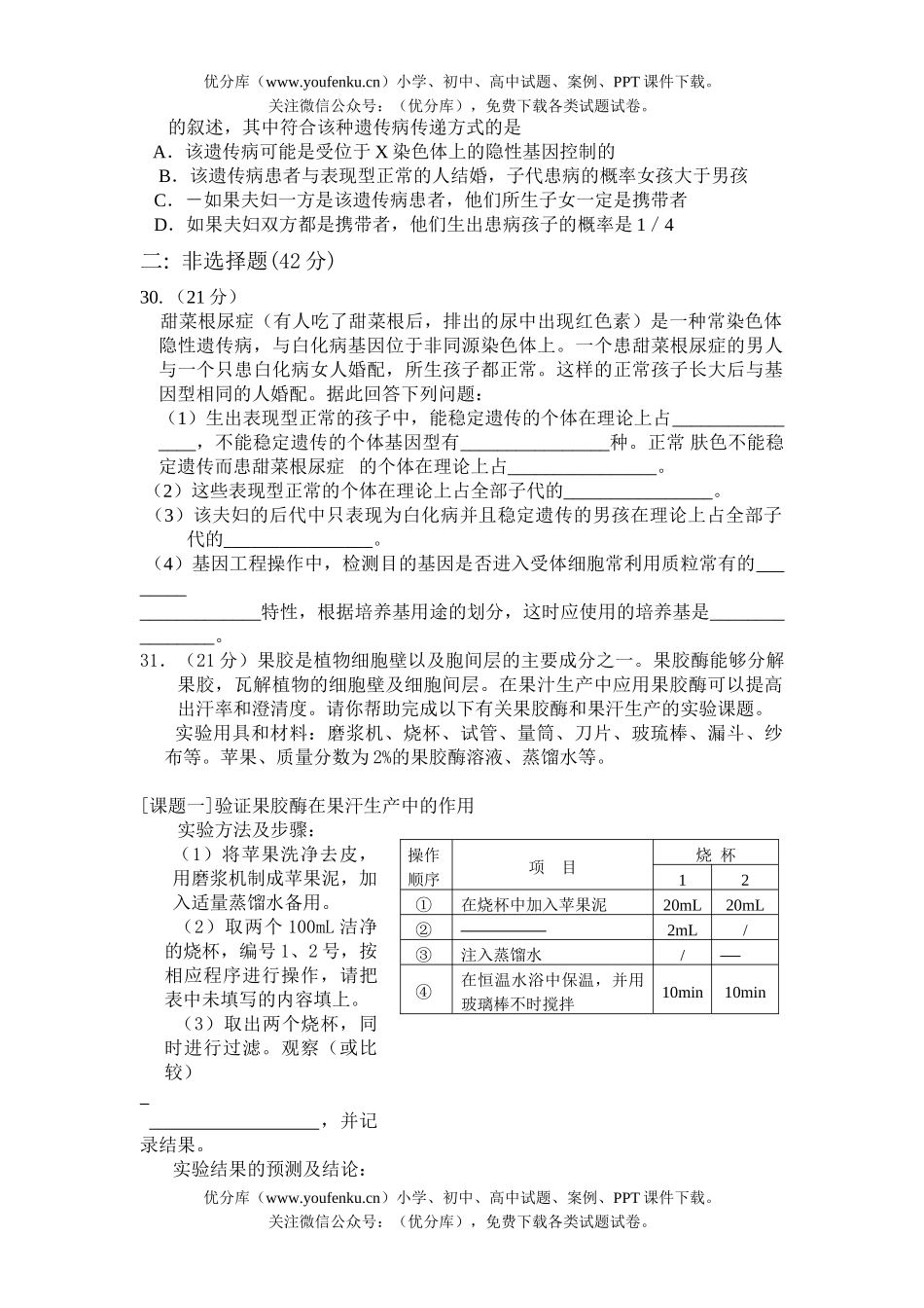 高中三年级生物综合训练题(一)试卷_第2页
