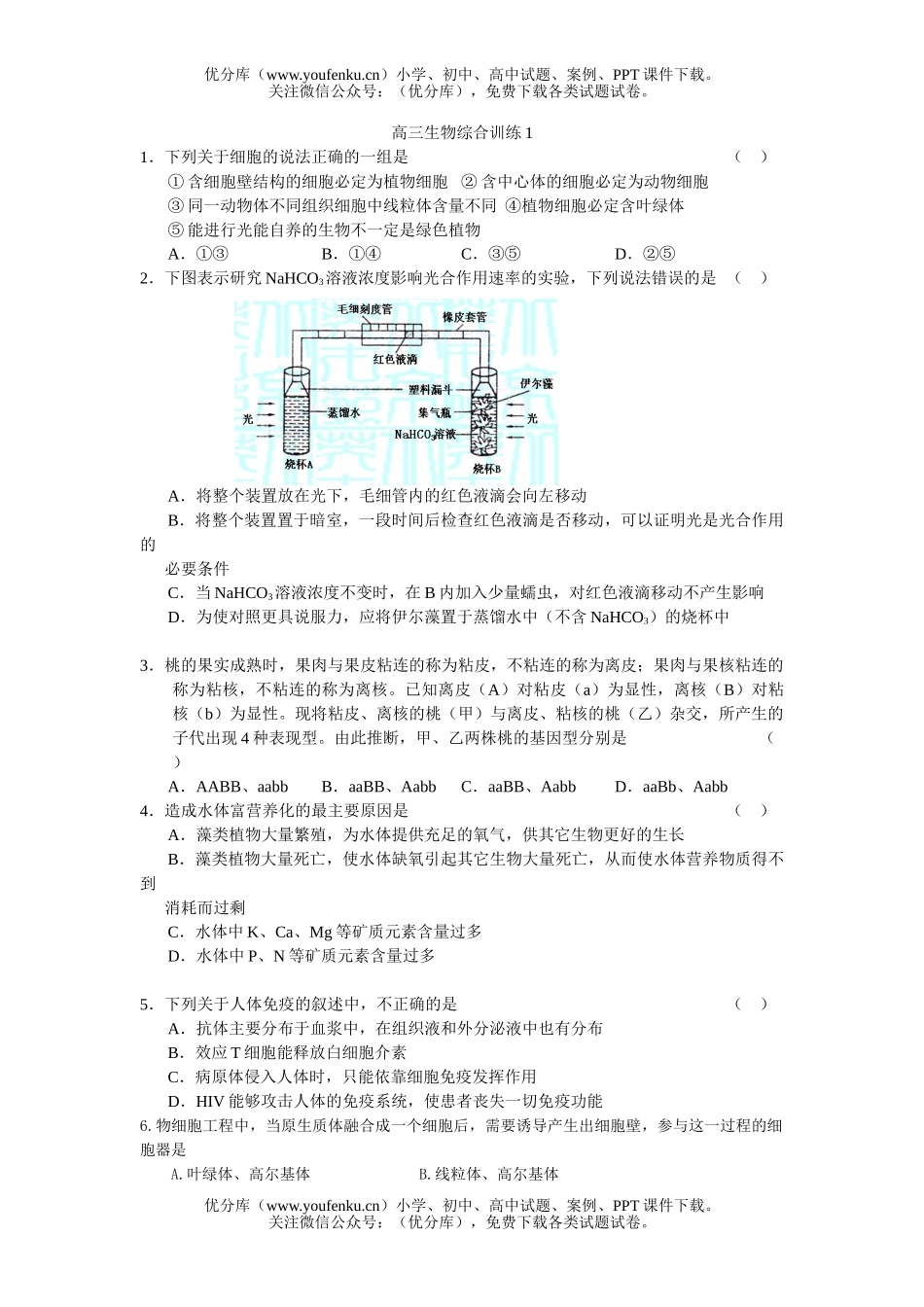 高中三年级生物综合训练1试卷_第1页