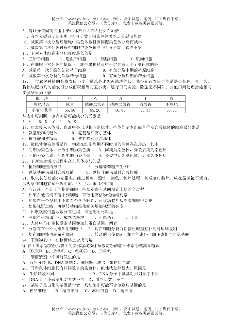 高中三年级生物必修本1、2单元测试卷_第2页
