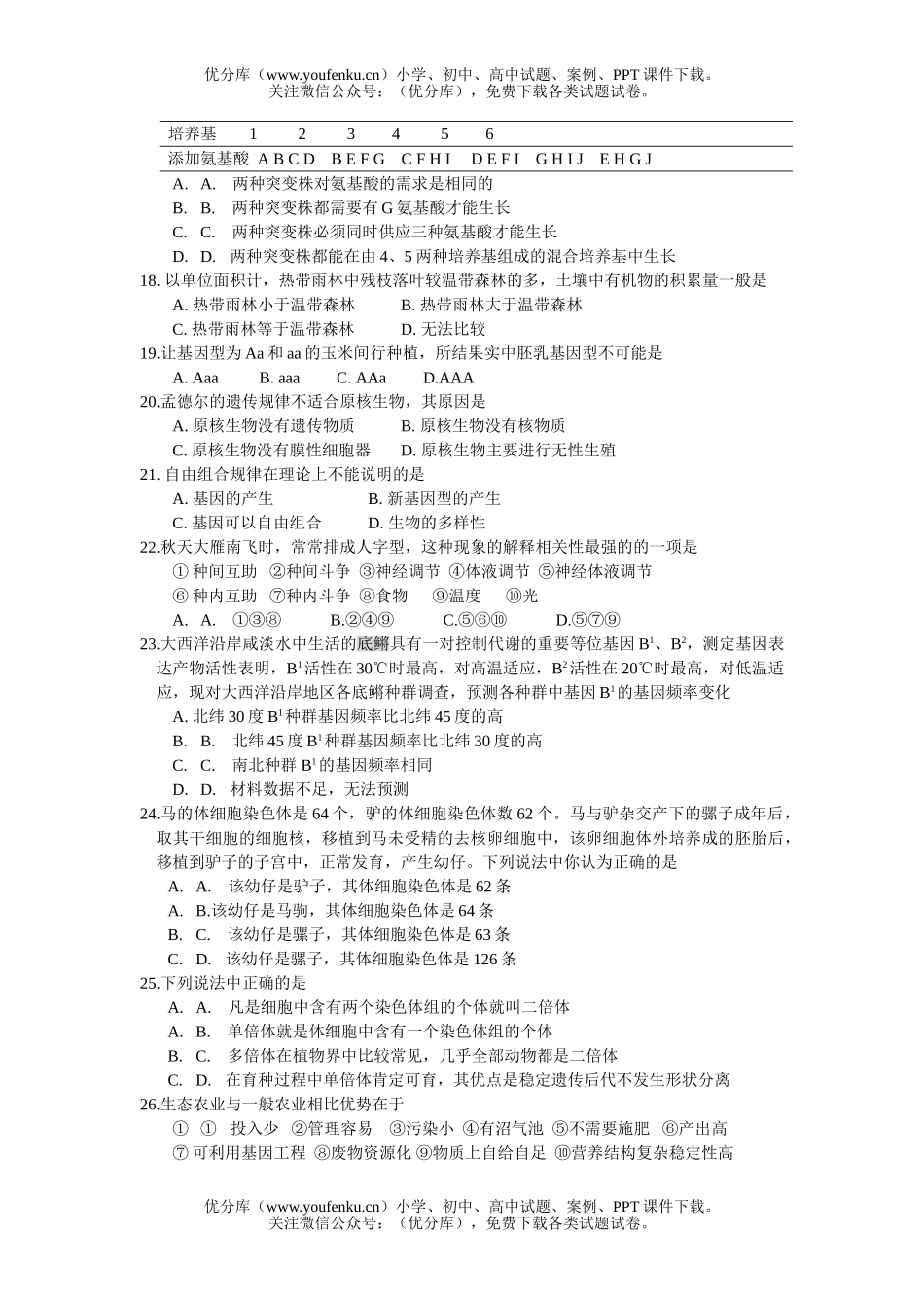 高中三年级生物新课程卷四月模拟题试卷_第3页