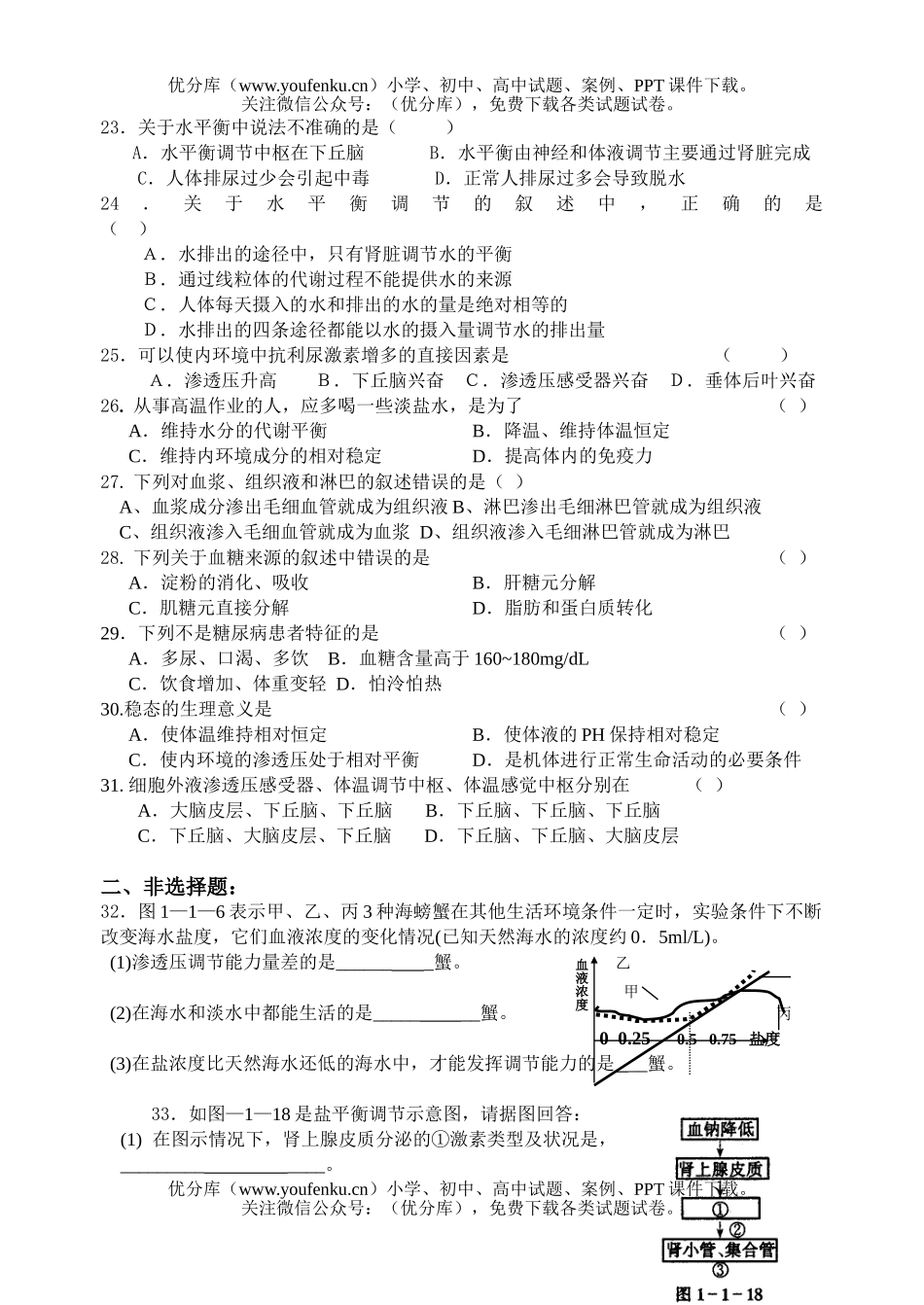 高中三年级生物选修第一章水、盐、糖、体温调节练习试卷_第2页