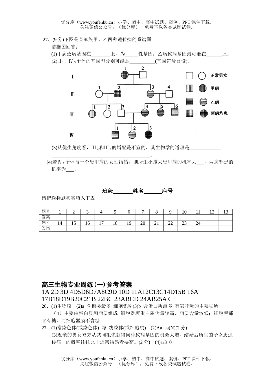 高中三年级生物专业周练(一)试卷_第3页